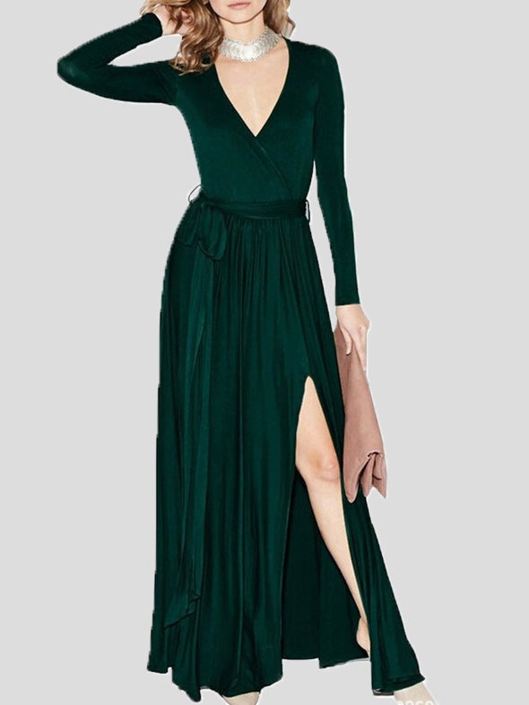 Women's Dresses Pure V-Neck Belted Long Sleeve Split Dress - Maxi Dresses - Instastyled | Online Fashion Free Shipping Clothing, Dresses, Tops, Shoes - 30-40 - 31/12/2021 - color-black