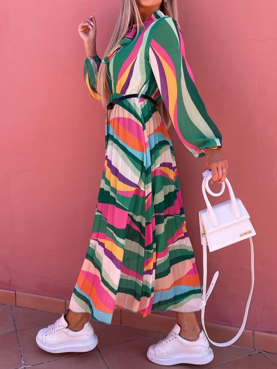 Women's Dresses Rainbow Print Belt Long Sleeve Dress - Maxi Dresses - Instastyled | Online Fashion Free Shipping Clothing, Dresses, Tops, Shoes - 28/04/2022 - 40-50 - color-green