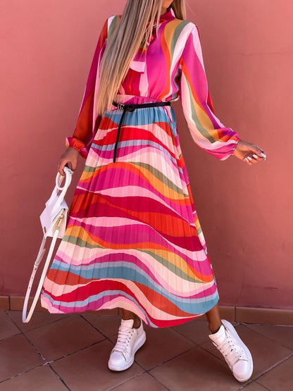 Women's Dresses Rainbow Print Belt Long Sleeve Dress - Maxi Dresses - Instastyled | Online Fashion Free Shipping Clothing, Dresses, Tops, Shoes - 28/04/2022 - 40-50 - color-green