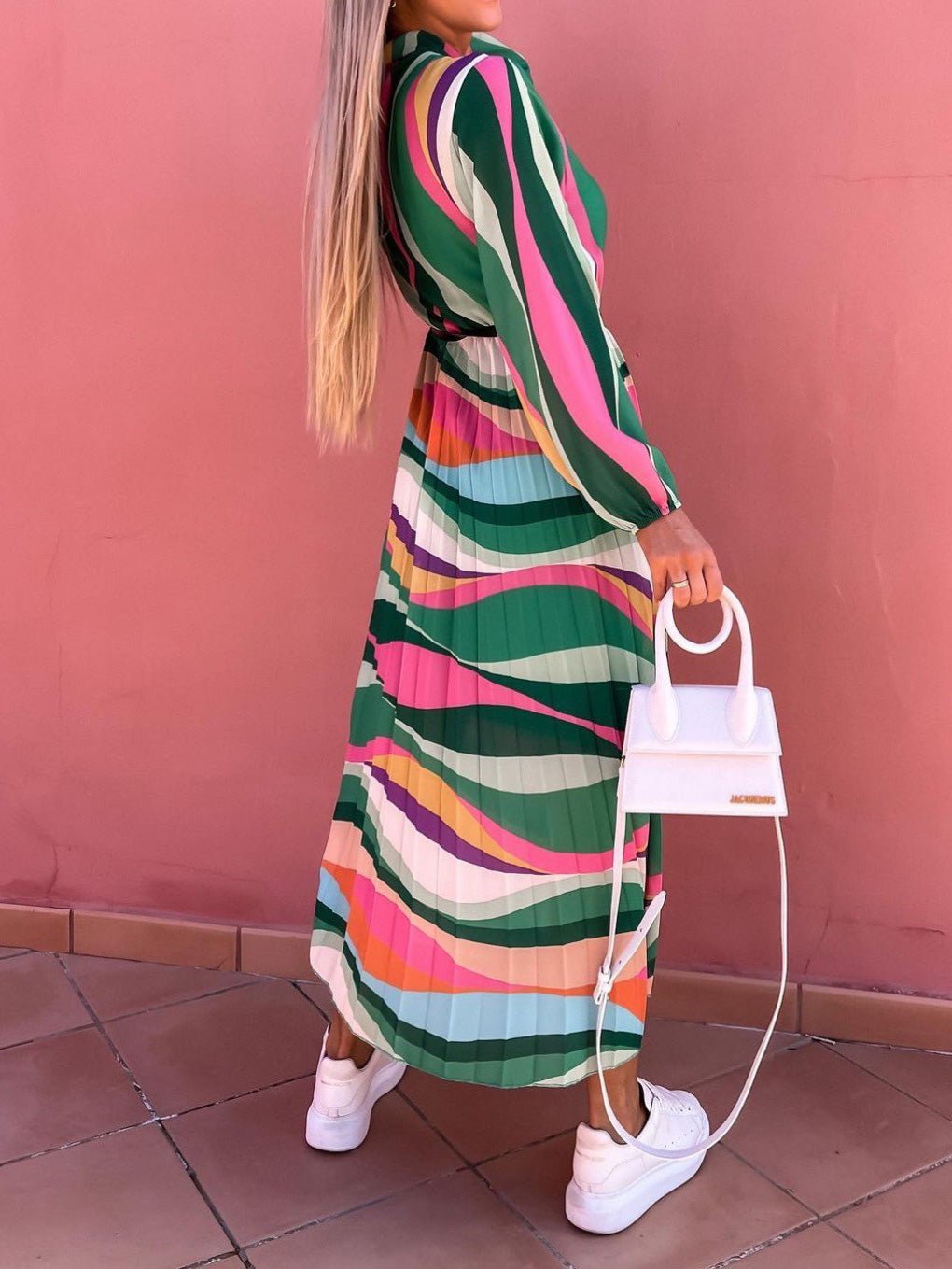 Women's Dresses Rainbow Print Belt Long Sleeve Dress - Maxi Dresses - Instastyled | Online Fashion Free Shipping Clothing, Dresses, Tops, Shoes - 28/04/2022 - 40-50 - color-green