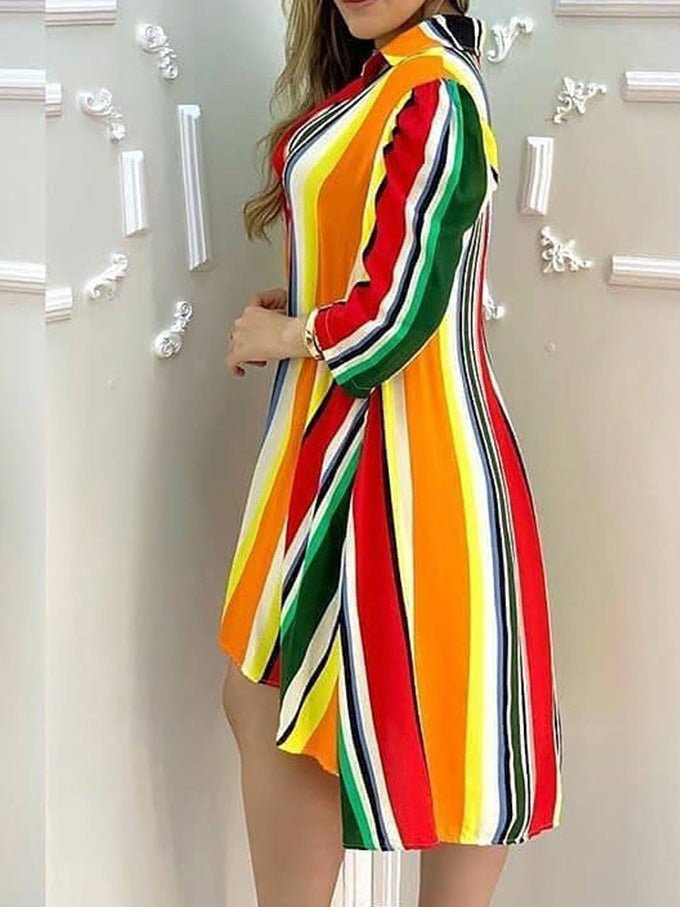 Women's Dresses Rainbow Striped Button Long Sleeve Irregular Dress - Midi Dresses - Instastyled | Online Fashion Free Shipping Clothing, Dresses, Tops, Shoes - 10/03/2022 - 30-40 - color-multi