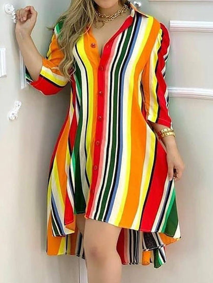 Women's Dresses Rainbow Striped Button Long Sleeve Irregular Dress - Midi Dresses - Instastyled | Online Fashion Free Shipping Clothing, Dresses, Tops, Shoes - 10/03/2022 - 30-40 - color-multi