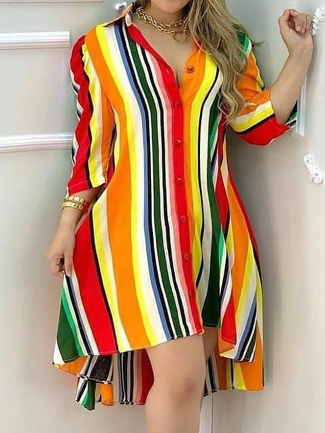 Women's Dresses Rainbow Striped Button Long Sleeve Irregular Dress - Midi Dresses - Instastyled | Online Fashion Free Shipping Clothing, Dresses, Tops, Shoes - 10/03/2022 - 30-40 - color-multi