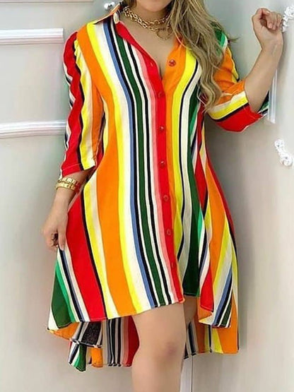 Women's Dresses Rainbow Striped Button Long Sleeve Irregular Dress - Midi Dresses - Instastyled | Online Fashion Free Shipping Clothing, Dresses, Tops, Shoes - 10/03/2022 - 30-40 - color-multi