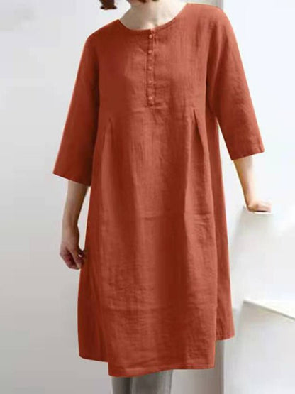 Mini Dresses - Retro Cotton Linen Solid Pleated Half Sleeve Mini Dress - MsDressly