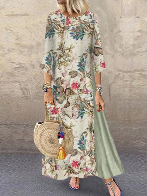 Women's Dresses Retro Floral Round Neck Stitching Long Sleeve Dress - Maxi Dresses - INS | Online Fashion Free Shipping Clothing, Dresses, Tops, Shoes - 14/09/2021 - 20-30 - Category_Maxi Dresses