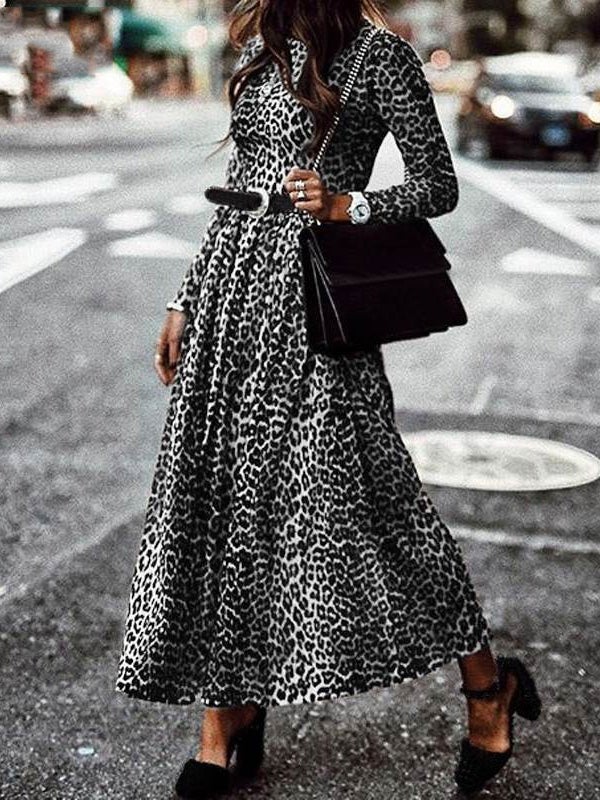 Women's Dresses Retro Leopard Print Round Neck Long Sleeve Dress - MsDressly