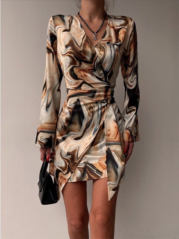 Women's Dresses Rippled V-Neck Long Sleeve Dress - Mini Dresses - Instastyled | Online Fashion Free Shipping Clothing, Dresses, Tops, Shoes - 16/02/2022 - color-multi - color-multicolor