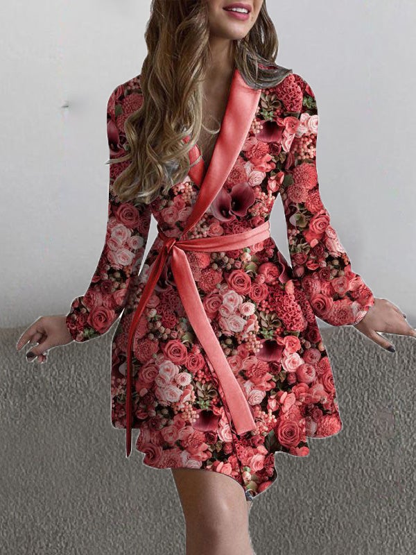 Women's Dresses Rose Flower Print Lapel Long Sleeve Dress - Mini Dresses - Instastyled | Online Fashion Free Shipping Clothing, Dresses, Tops, Shoes - 22/12/2021 - 40-50 - color-black