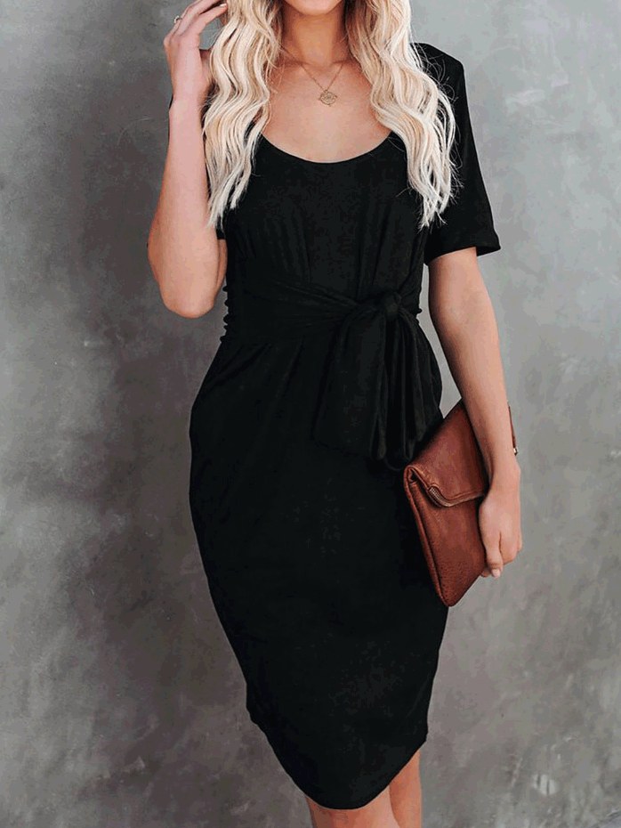 Women's Dresses Round Neck Belted Short Sleeve Dress - Midi Dresses - Instastyled | Online Fashion Free Shipping Clothing, Dresses, Tops, Shoes - 10/01/2022 - 20-30 - color-black