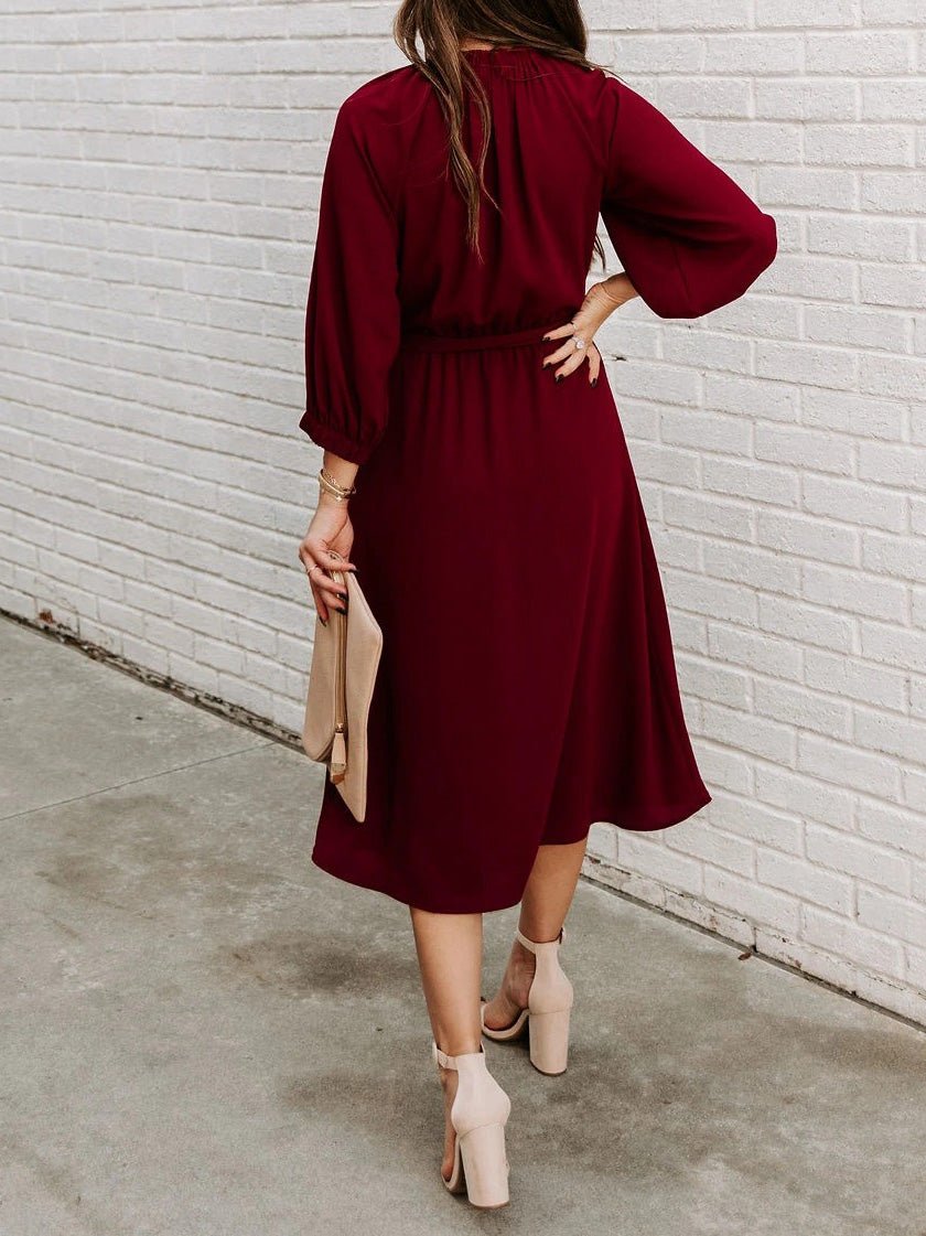 Maxi Dresses - Round Neck Lace-Up Long Sleeve Dress - MsDressly