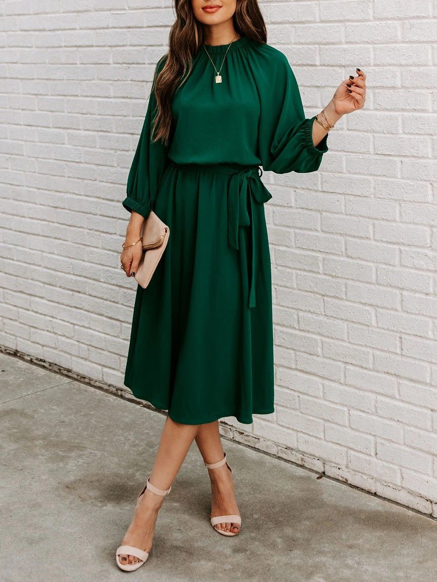 Maxi Dresses - Round Neck Lace-Up Long Sleeve Dress - MsDressly