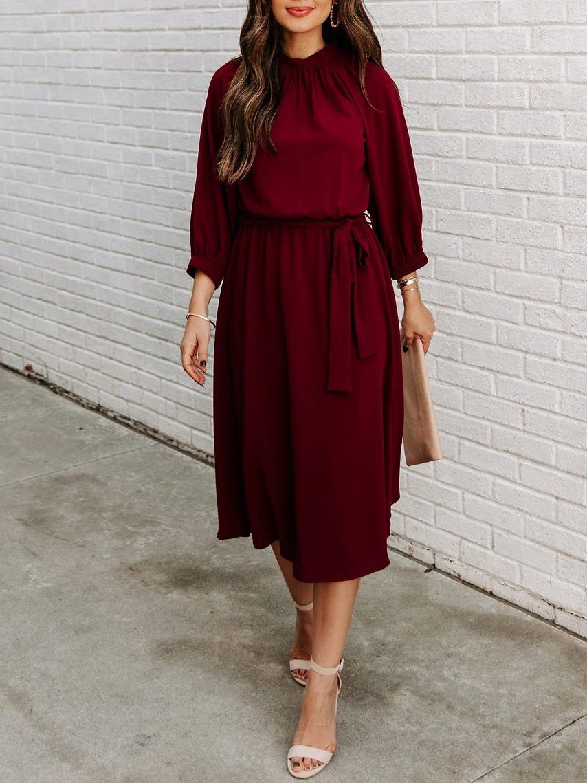 Maxi Dresses - Round Neck Lace-Up Long Sleeve Dress - MsDressly