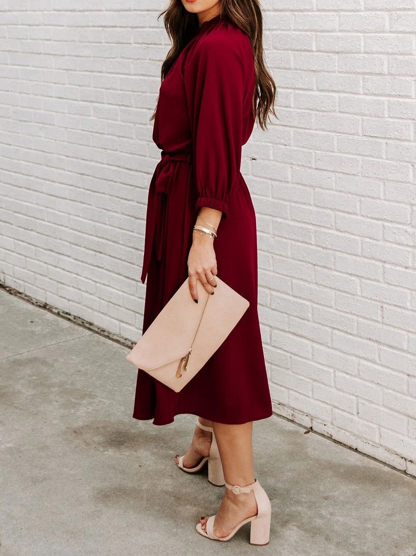 Maxi Dresses - Round Neck Lace-Up Long Sleeve Dress - MsDressly