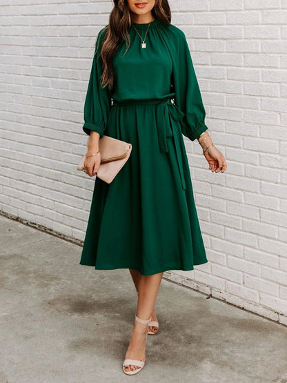 Maxi Dresses - Round Neck Lace-Up Long Sleeve Dress - MsDressly