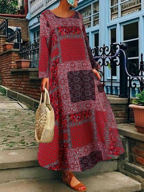 Women's Dresses Round Neck Long Sleeve Retro Print Dress - Maxi Dresses - INS | Online Fashion Free Shipping Clothing, Dresses, Tops, Shoes - 08/10/2021 - 20-30 - color-blue