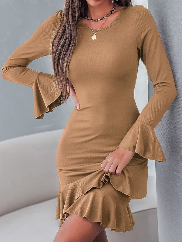 Women's Dresses Round Neck Long Sleeve Slim Fit Ruffle Dress - Mini Dresses - Instastyled | Online Fashion Free Shipping Clothing, Dresses, Tops, Shoes - 29/08/2022 - Bodycon Dresses - Color_Brown