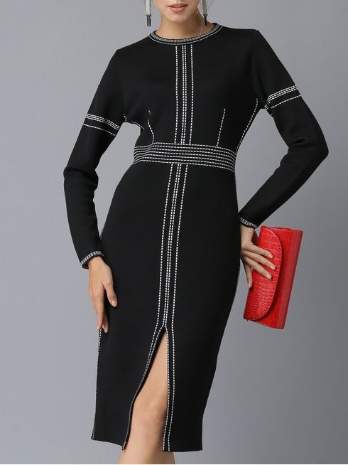 Midi Dresses - Round Neck Long Sleeve Slim Fit Slit Dress - MsDressly