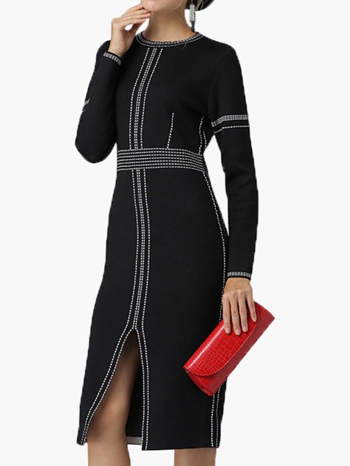 Midi Dresses - Round Neck Long Sleeve Slim Fit Slit Dress - MsDressly