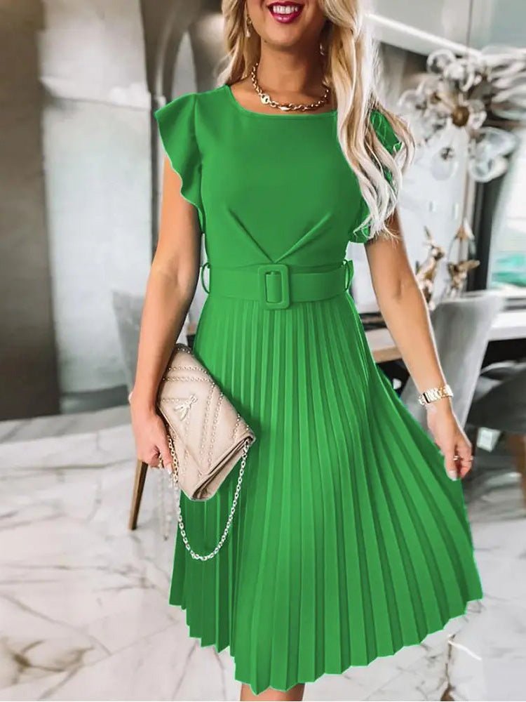 Women's Dresses Round Neck Pleated Short Sleeve Dress - Midi Dresses - Instastyled | Online Fashion Free Shipping Clothing, Dresses, Tops, Shoes - 18/04/2022 - 30-40 - color-apricot