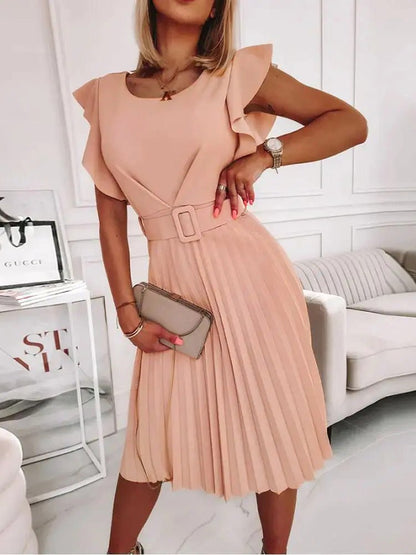 Women's Dresses Round Neck Pleated Short Sleeve Dress - Midi Dresses - Instastyled | Online Fashion Free Shipping Clothing, Dresses, Tops, Shoes - 18/04/2022 - 30-40 - color-apricot