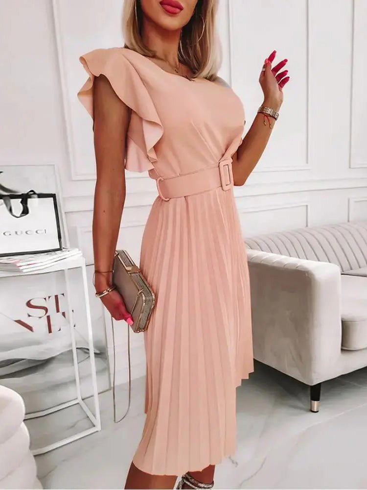 Women's Dresses Round Neck Pleated Short Sleeve Dress - Midi Dresses - Instastyled | Online Fashion Free Shipping Clothing, Dresses, Tops, Shoes - 18/04/2022 - 30-40 - color-apricot