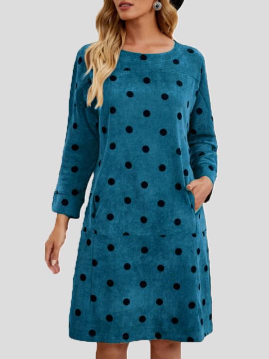 Women's Dresses Round Neck Polka Dot Print Pocket Long Sleeve Dress - Midi Dresses - INS | Online Fashion Free Shipping Clothing, Dresses, Tops, Shoes - 22/11/2021 - 30-40 - color-blue