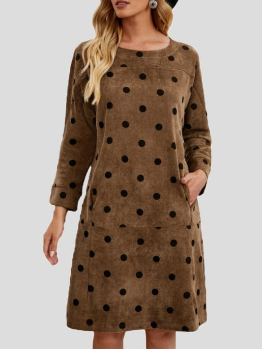 Women's Dresses Round Neck Polka Dot Print Pocket Long Sleeve Dress - Midi Dresses - INS | Online Fashion Free Shipping Clothing, Dresses, Tops, Shoes - 22/11/2021 - 30-40 - color-blue