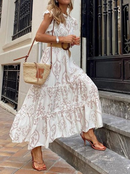 Women's Dresses Round Neck Printed Short Sleeve Dress - Maxi Dresses - Instastyled | Online Fashion Free Shipping Clothing, Dresses, Tops, Shoes - 21/06/2022 - 30-40 - color-white