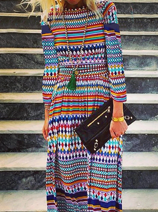 Women's Dresses Round Neck Rainbow Striped Long Sleeve Dress - Maxi Dresses - INS | Online Fashion Free Shipping Clothing, Dresses, Tops, Shoes - 20-30 - 23/10/2021 - color-blue