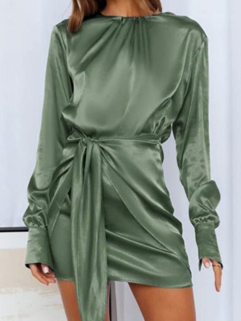 Women's Dresses Round Neck Satin Lace Up Long Sleeve Dress - Mini Dresses - Instastyled | Online Fashion Free Shipping Clothing, Dresses, Tops, Shoes - 23/09/2022 - 30-40 - casual-dresses