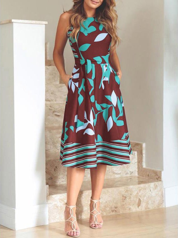 Women's Dresses Round Neck Sleeveless Print Belted Dress - Midi Dresses - Instastyled | Online Fashion Free Shipping Clothing, Dresses, Tops, Shoes - 04/01/2022 - 30-40 - color-blue