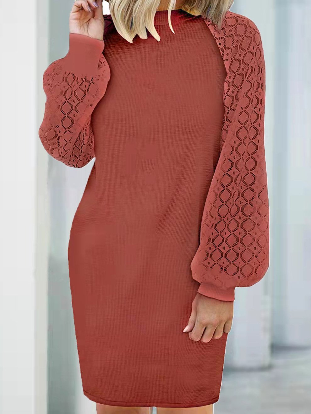 Mini Dresses - Round Neck Stitching Lace Long Sleeve Dress - MsDressly