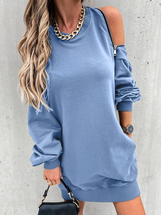 Women's Dresses Round Neck Zip Off Shoulder Pocket Dress - Mini Dresses - Instastyled | Online Fashion Free Shipping Clothing, Dresses, Tops, Shoes - 16/08/2022 - 30-40 - casual-dresses