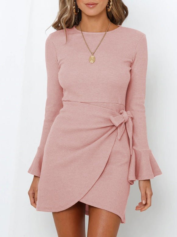 Mini Dresses - Ruffled Long Sleeve Slim Fit Mini Dress - MsDressly