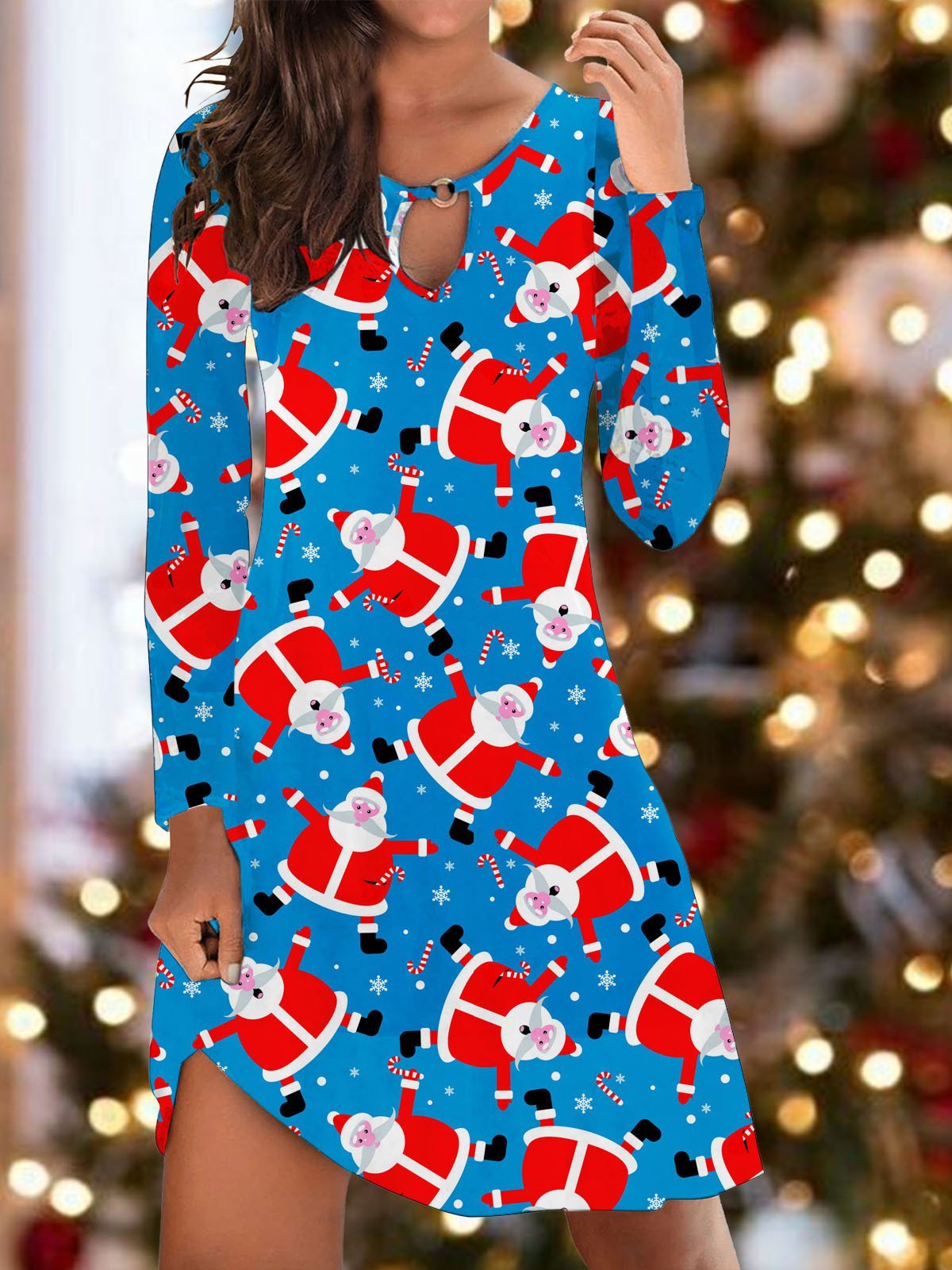 Women's Dresses Santa Print Hollow Long Sleeve Mini Dress - Mini Dresses - INS | Online Fashion Free Shipping Clothing, Dresses, Tops, Shoes - 03/11/2021 - 10-20 - color-blue