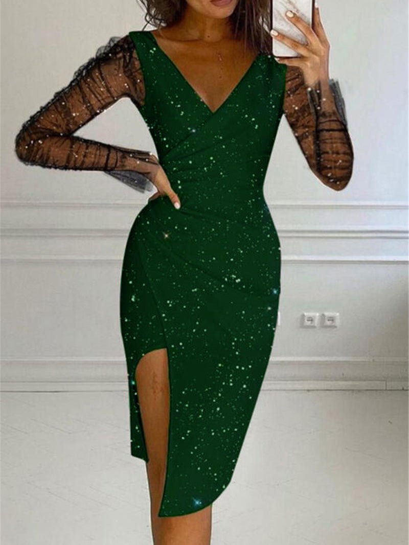 Women's Dresses Sequin V-Neck Mesh Long Sleeve Slit Dress - Midi Dresses - Instastyled | Online Fashion Free Shipping Clothing, Dresses, Tops, Shoes - 24/06/2022 - Bodycon Dresses - Color_Black