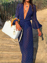 Women's Dresses Shawl Jacquard Polka Dot Long Sleeve Dress - Maxi Dresses - Instastyled | Online Fashion Free Shipping Clothing, Dresses, Tops, Shoes - 14/01/2022 - 30-40 - color-blue
