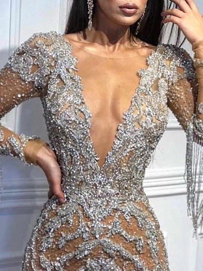 Women's Dresses Shiny Fringe Long Sleeve Slim Fit Dress - Midi Dresses - Instastyled | Online Fashion Free Shipping Clothing, Dresses, Tops, Shoes - 06/09/2022 - Color_Silver - DRE2209065354