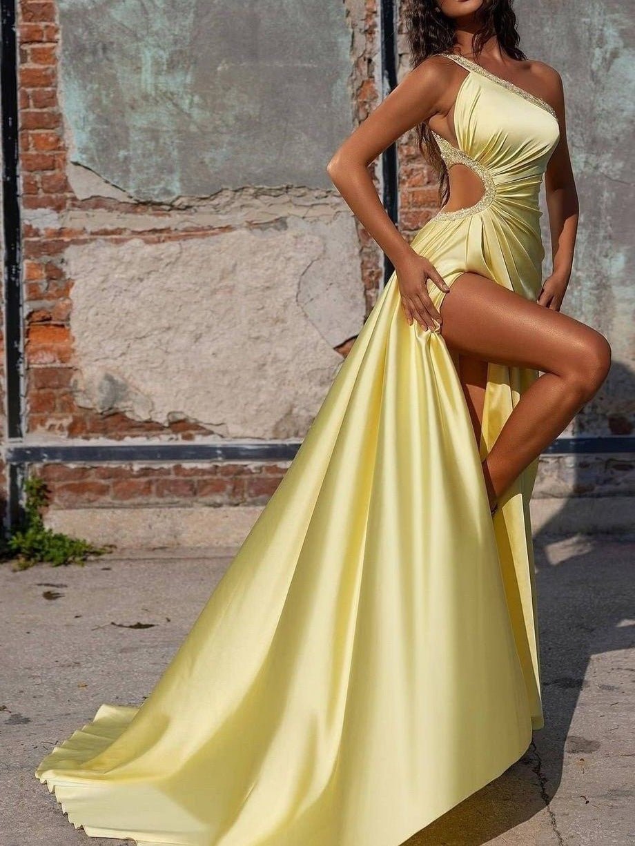 Women's Dresses Shiny One-Shoulder Hollow Slim Party Dress - Maxi Dresses - Instastyled | Online Fashion Free Shipping Clothing, Dresses, Tops, Shoes - 15/07/2022 - color-light_yellow - Color_Yellow
