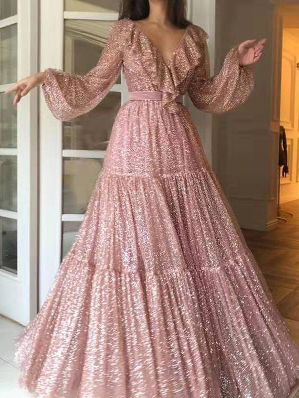 Women's Dresses Shiny Ruffle V-Neck Long Sleeve Dress - Maxi Dresses - Instastyled | Online Fashion Free Shipping Clothing, Dresses, Tops, Shoes - 26/08/2022 - color-pink - Color_Pink