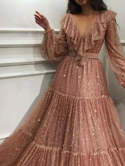 Women's Dresses Shiny Ruffle V-Neck Long Sleeve Dress - Maxi Dresses - Instastyled | Online Fashion Free Shipping Clothing, Dresses, Tops, Shoes - 26/08/2022 - color-pink - Color_Pink