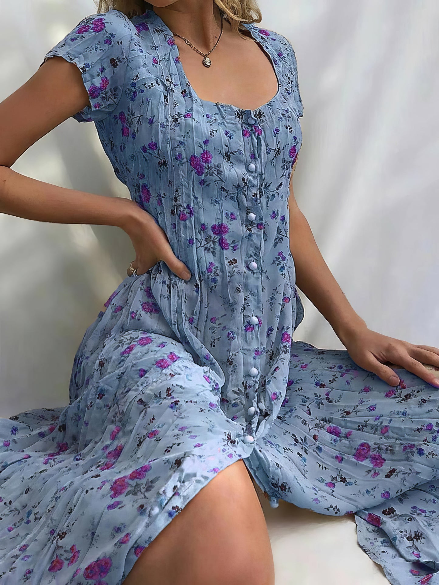 Midi Dresses - Single Breasted Floral Short Sleeve Dress - MsDressly