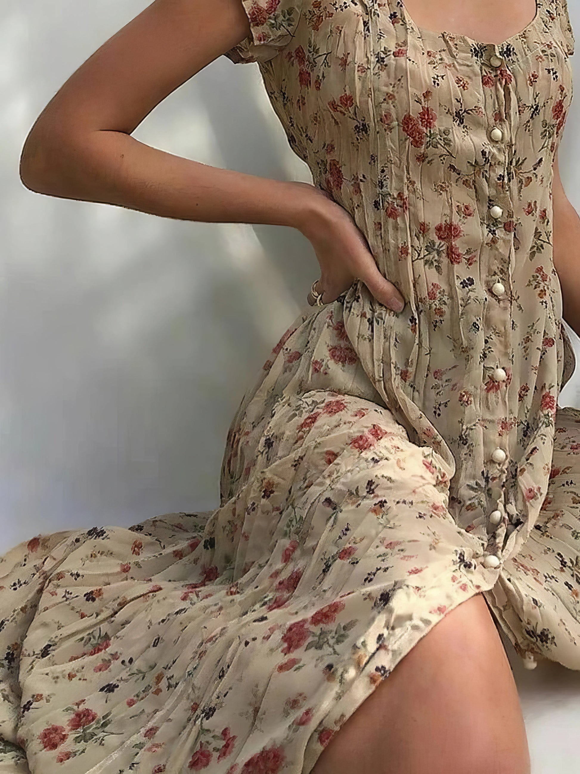 Midi Dresses - Single Breasted Floral Short Sleeve Dress - MsDressly