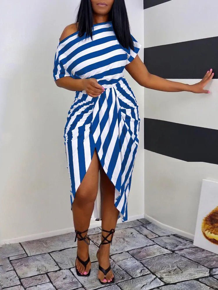 Women's Dresses Slanted Neck Striped Print Short Sleeve Irregular Dress - Maxi Dresses - Instastyled | Online Fashion Free Shipping Clothing, Dresses, Tops, Shoes - 02/06/2022 - 30-40 - Casual Dresses