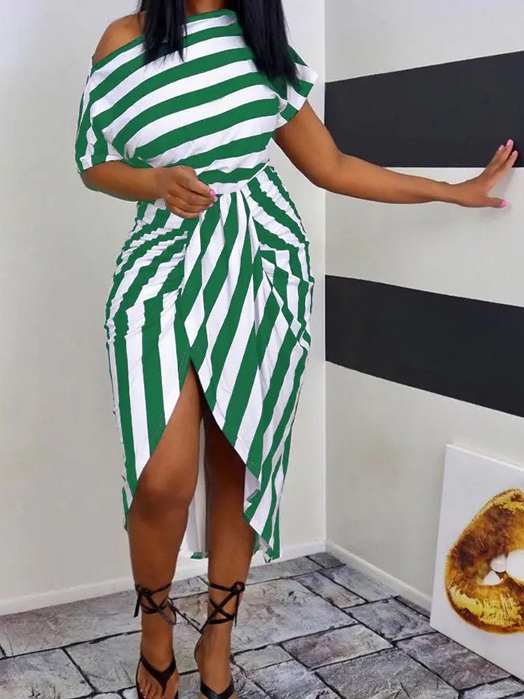 Women's Dresses Slanted Neck Striped Print Short Sleeve Irregular Dress - Maxi Dresses - Instastyled | Online Fashion Free Shipping Clothing, Dresses, Tops, Shoes - 02/06/2022 - 30-40 - Casual Dresses