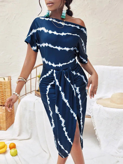 Women's Dresses Slanted Neck Striped Print Short Sleeve Irregular Dress - Maxi Dresses - Instastyled | Online Fashion Free Shipping Clothing, Dresses, Tops, Shoes - 02/06/2022 - 30-40 - Casual Dresses