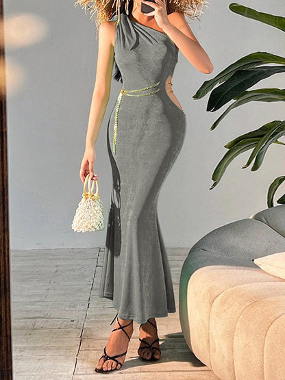 Women's Dresses Slanted Shoulder Belted Chain Hollow Fitted Dress - Maxi Dresses - Instastyled | Online Fashion Free Shipping Clothing, Dresses, Tops, Shoes - 21/06/2022 - 30-40 - color-black