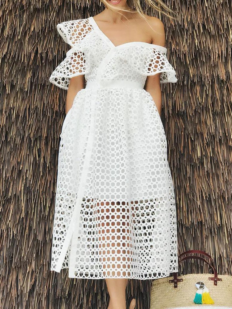 Women's Dresses Slanted Shoulder Lace Hollow Ruffle Dress - Maxi Dresses - Instastyled | Online Fashion Free Shipping Clothing, Dresses, Tops, Shoes - 30/12/2021 - color-white - Color_White