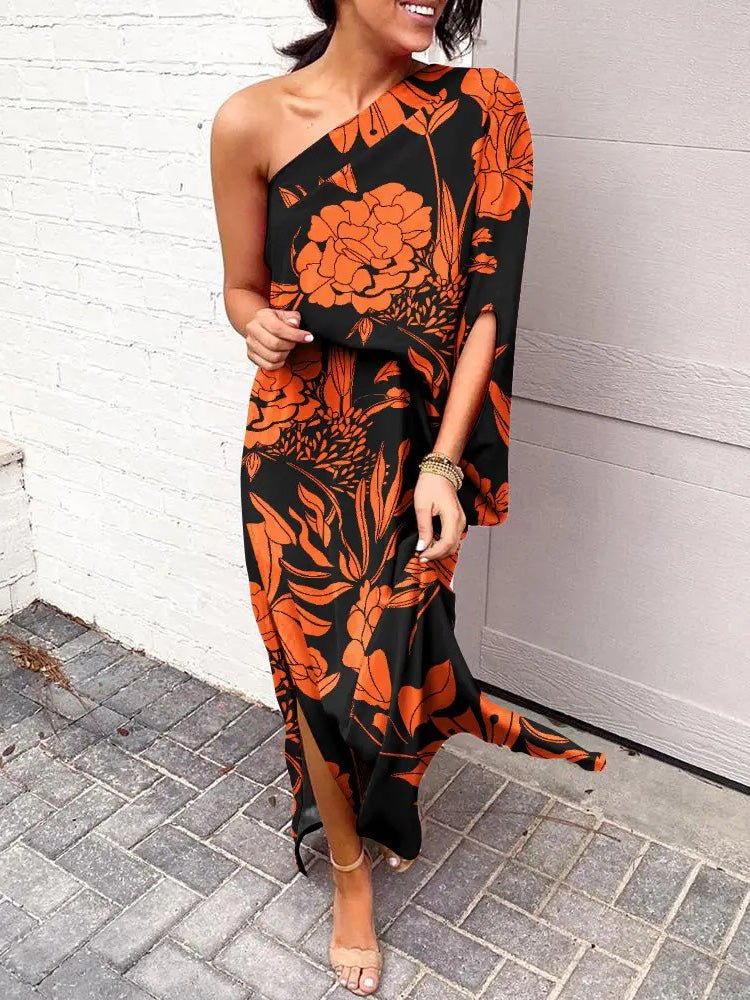 Women's Dresses Slanted Shoulder Print One Sleeve Dress - Maxi Dresses - Instastyled | Online Fashion Free Shipping Clothing, Dresses, Tops, Shoes - 30-40 - 31/05/2022 - color-black